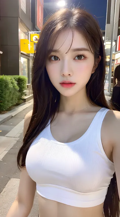 ((Realistic lighting, Best quality, 8K, Masterpiece: 1.3)), Clear focus: 1.2, 1girl, Perfect Figure: 1.4, Slim Abs: 1.1, ((Dark brown hair)), (White crop top: 1.4), (Outdoor, Night: 1.1), City streets, Super fine face, Fine eyes, Double eyelids,