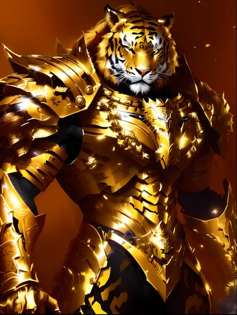 Tiger warrior in armor with sword and armor, the golden cat armor knight, a tiger_beast, wearing golden cat armor, gold heavy armor. Dramatic, golden armour, anthropomorphic tiger, stunning armor, Complex golden armor, Very stylish fantasy armor, lion warr...