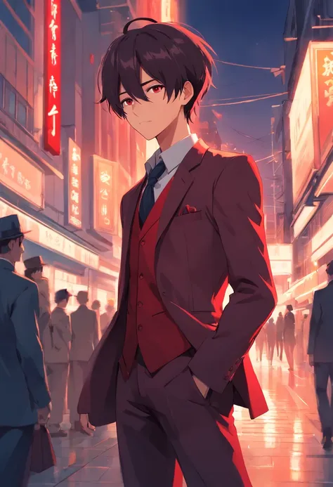 young  male，Black and red suit，bowler hat，whaite hair，magister