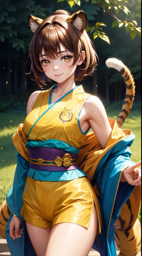 young girl, short brown hair, Two buns, Yellow eyes, Smile, tiger tail, Blue kimono, Gold Details, Sleeveless, Shorts, Masterpiece, hiquality, 4k, HD, Good detail