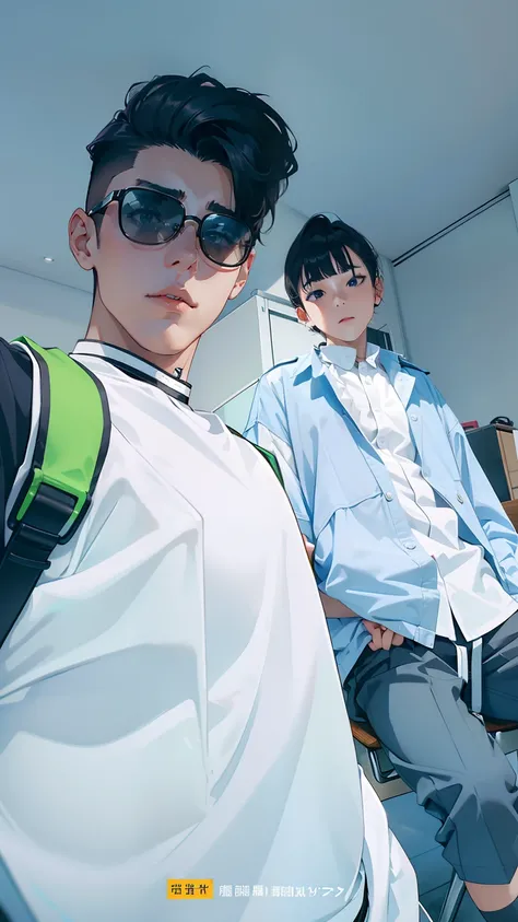 Male and female couples　Girl sitting on a chair wearing a tight skirt over a blouse。Boys hugging each other from behind。Boy in high school long pants uniform with mash cut hairstyle。Without glasses