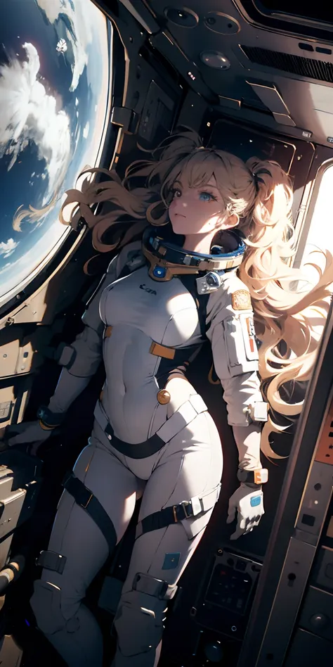 Absurd resolution, high resolution, (masterpiece:1.4), ultra-detailed, 1girl and 1boy, in a spacesuit, seen from above, space, floating, satellite, outer space operation, wide-angle lens distortion