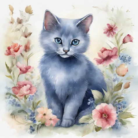 「It is a design with the theme of Russian blue cat and blue flowers。The characteristic blue fur of the Russian Blue cat is depicted in detail、Blue flowers spread elegantly around。Pale background and delicate light and dark、Bringing tranquility and beauty t...