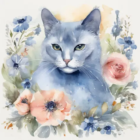 「It is a design with the theme of Russian blue cat and blue flowers。The characteristic blue fur of the Russian Blue cat is depicted in detail、Blue flowers spread elegantly around。Pale background and delicate light and dark、Bringing tranquility and beauty t...