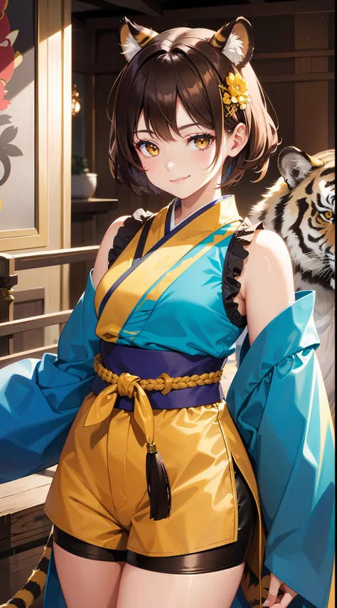 young girl, short brown hair, Two buns, Yellow eyes, Smile, tiger tail, Blue kimono, Gold Details, Sleeveless, Shorts, Masterpiece, hiquality, 4k, HD, Good detail