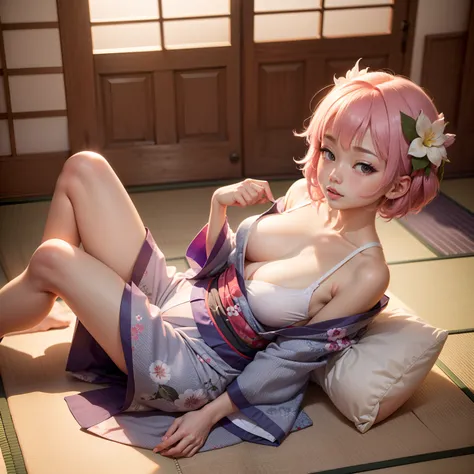 Japanese-style room in the Japan, momohd, phmomo, Solo, 1girl in,  Pink hair, Purple eyes, Short hair, Hair Flower, Wearing a yukata, Big eyes, embarrassed,Sleep on tatami mats,bare-legged,Happy,White underwear,Chest exposed,