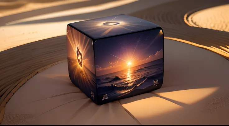 An award winning photo of shiny dazzling rays of light in all directions from a flat square rubic cube, the design is Japanese calligraphy art of sunset, pattern is jigsaw puzzles, bound with a gold string, beach background