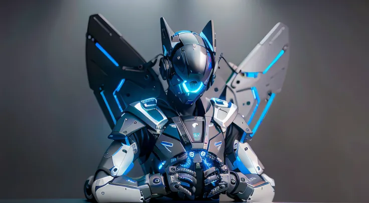 wings leds, masterpiece, best quality, a close up of a futuristic looking cyborg man with a fantastic cyberhelmet head with blue triangle led lights and a halo, wearing a blue techwear jacket, robot waist, robotic six pack, robotic belly, full body, sittin...