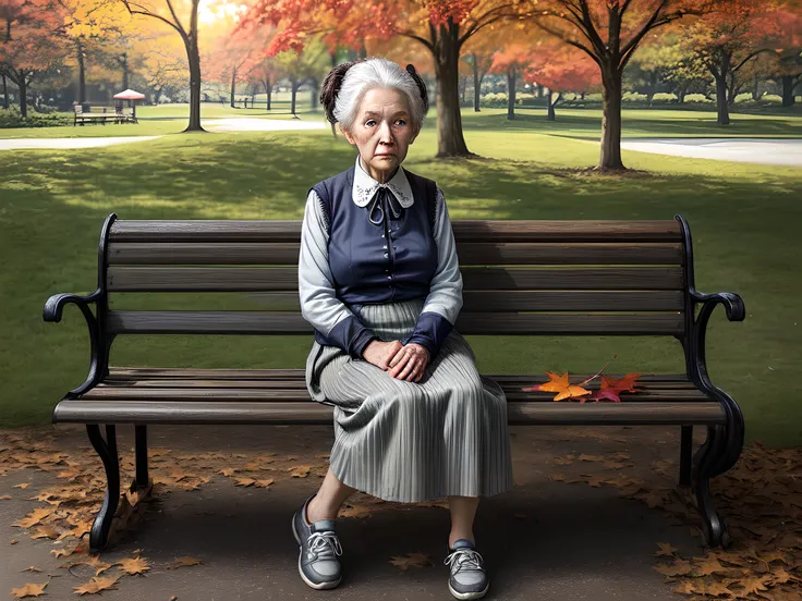 picture of an (1)old woman sitting on a bench in the park under the maple tree in a park at autumn, an old woman, looking distinguished, grey hair, in bun, best detailed face, blue, eyes, eyes that had good life, historical life, wearing a green skirt, and...