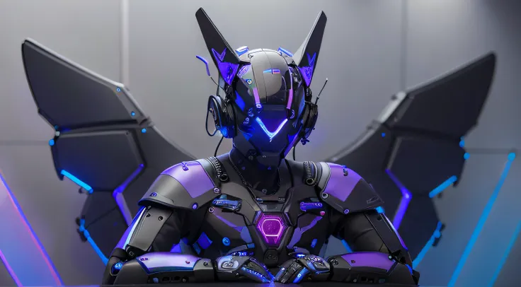 wings leds, masterpiece, best quality, a close up of a futuristic looking cyborg man with a fantastic cyberhelmet head with blue and Purple triangle led lights and a halo, wearing a blue and Purple techwear jacket, robot waist, robotic six pack, robotic be...