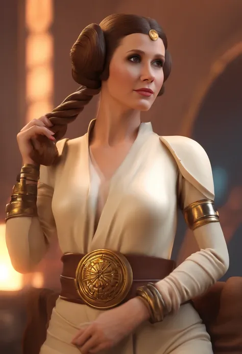 8k, hires, (celeb 27years carrie fisher/as princess leia), slave dancer, leia skin very beautiful, slave girl, sexy pose, slender body, french braid hair, gold metal collar, leia was chained by jabba the hutt, leia is jabba the hutts slave, jabba is take o...