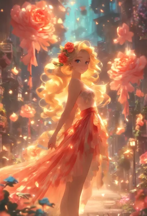 1girll,(full bodyesbian:1.4),Polycystic ovaries,The barefoot,独奏,hatflower,
Cinematic lighting,Strong contrast,romantic realist style,High level of detail,(Fairy tale scenes),Rose,yellowflower,Red flower,Bird,unit,make up,Gemstone,headdress,dress,Bare shoul...