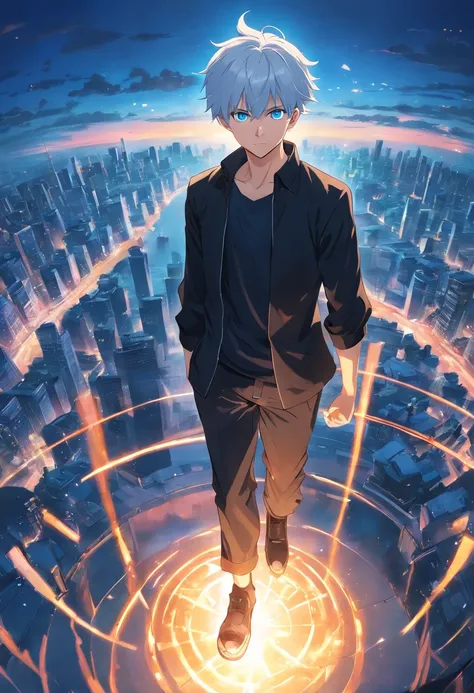 gojo satoru, jujutsu  kaisen, anime, 1 young man, in the top of tower, float, amazing, focused, ray of light, blue eyes, white hair, black shirt, in the battlefield, powerfull magic aura, depth of field.