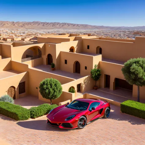 (best quality:1.33), (masterpiece:1.42),(photorealistic:1.3) (detailed:1.15), expensive sportscar, stunning Marrakech view, flashy, glimmering, sleek, modern, sexy