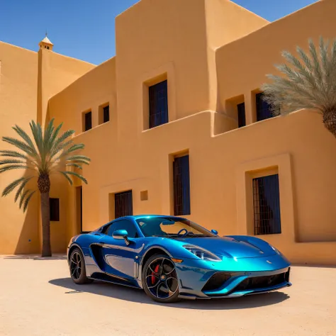 (best quality:1.33), (masterpiece:1.42),(photorealistic:1.3) (detailed:1.15), expensive sportscar, stunning Marrakech view, flashy, glimmering, sleek, modern, sexy