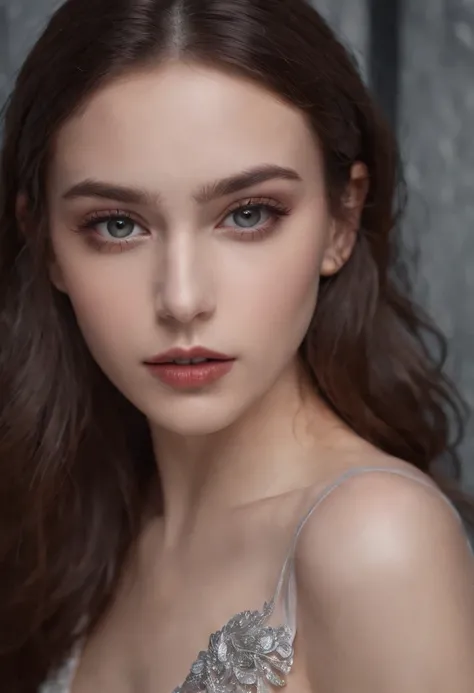 RAW photo of young Greek woman, color photograph, half length picture, close up portrait, ((a realistic photo of a beautiful young 18yo girl)), shadows, ((silver wing eyeliner)), (dark lipstick), ((pale iridescent skin)), dark eyes, leaning towards viewer,...