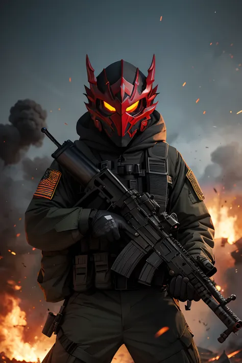 dragon mask terrorist, cross fire style, gun to the camera, shooting, lying on the battle field, explosion on the head, battle field,  masterpiece, ultra high quality, ultra high detail