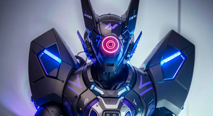 LEDs Asas, master part, best quality, A closeup of a futuristic-looking cyborg man with a fantastic cybernetic helmet head with blue and purple triangle LED lights and a halo, vestindo uma jaqueta techwear azul e roxa, Robot waist, Robotic Package Six, Rob...