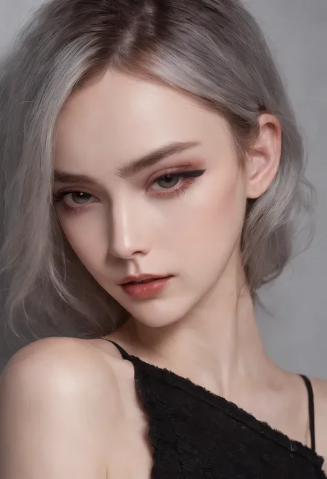 RAW photo of young English woman, color photograph, half length picture, close up portrait, ((a realistic photo of a beautiful young 18yo girl)), shadows, ((silver wing eyeliner)), (dark lipstick), ((pale sweaty glistening skin)), dark brown eyes, leaning ...