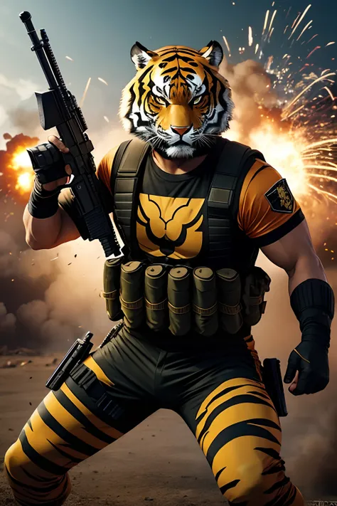 tiger mask terrorist, cross fire style, gun to the camera, shooting, lying on the battle field, explosion on the head, battle field,  masterpiece, ultra high quality, ultra high detail