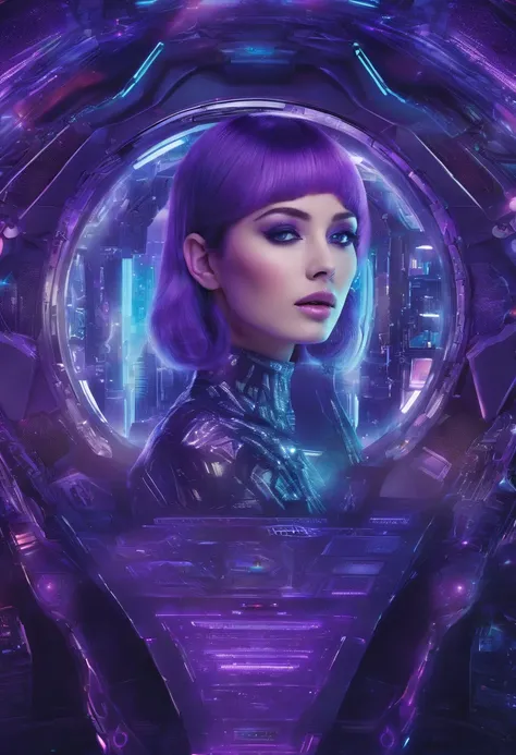 high quality portrait,  RAW photo of young English  woman, Lt Ellis UFO TV series, purple hair bangs, 60s style, retro, silver mesh top, futuristic silver make up, brightly lit moon base command centre background, cumputer boards and communications console...