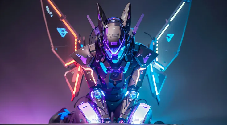 wings leds, masterpiece, best quality, a close up of a futuristic looking cyborg man with a fantastic cyberhelmet head with blue and Purple triangle led lights and a halo, wearing a blue and Purple techwear jacket, robot waist, robotic six pack, robotic be...