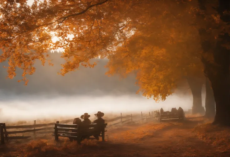 Autumn Scenery, autumn colors, peaceful atmosphere, cozy cabin, orange falling leaves, golden sunlight, glowing lanterns, misty forest, crisp air, harvest bounty, rustic charm, small town, pumpkin patch, full moon, starry sky