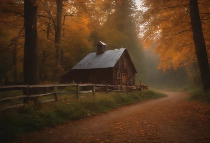 Autumn Scenery, autumn colors, peaceful atmosphere, cozy cabin, orange falling leaves, golden sunlight, glowing lanterns, misty forest, crisp air, harvest bounty, rustic charm, small town, pumpkin patch, full moon, starry sky