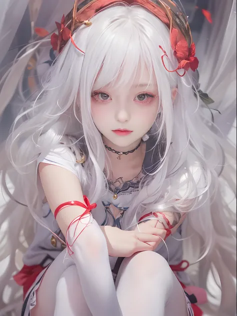 （tmasterpiece，Best quality at best，high high quality），1girll，（（unfazed by）），sitted，looking at viewert，White hair，（long whitr hair，messy  hair），red eyes，:(，floated hair，White stockings