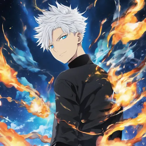 gojo satoru, jujutsu  kaisen, anime, 1 young man, from the skies, above, amazing, focused, ray of magic, blue eyes, white hair, black shirt, in the battlefield, powerfull magic aura, depth of field.