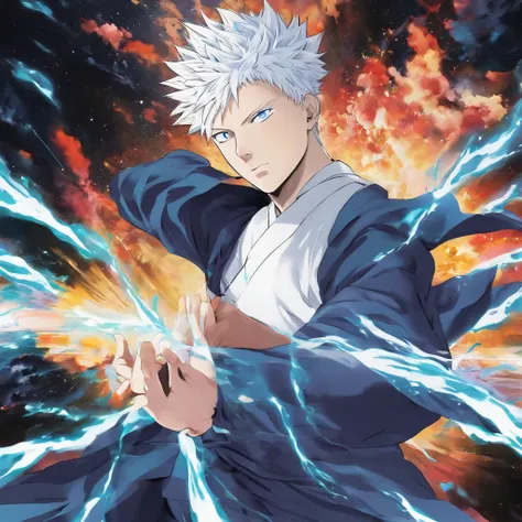 gojo satoru, jujutsu  kaisen, anime, 1 young man, from the skies, above, amazing, focused, ray of magic, blue eyes, white hair, black shirt, in the battlefield, powerfull magic aura, depth of field.