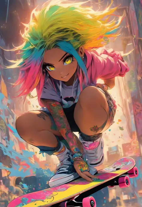 The most beautiful and sexy skateboard girl, rainbow colored hair, yellow eyes, wearing hoodie, graphic t-shirt, torn skinny jeans and highly detailed skateboard gear, tons of tattoos and piercings, highly detailed background, perfect masterpiece, high qua...