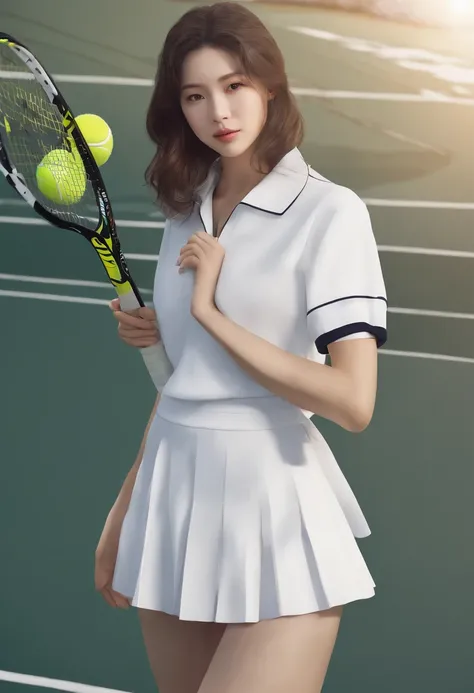 ​masterpiece, 1girl in, 独奏, Luminous Eyes, White sneakers, Tennis Wear, White mini skirt, white  panties, white knee-socks, ​masterpiece, top-quality, realisitic, ultra-detailliert, blue-sky, tennis coat,  (extremely delicate and beautiful work), ((masuter...