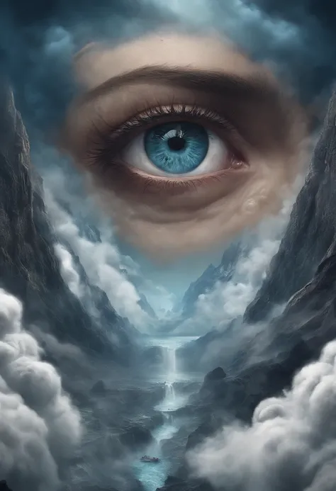 Eyes in volcanic smoke, a volcano erupts，The eyes are on it, Shades of blue, digital art inspired by Cyril Rolando, ultra-realistic realism, Portrait of a giant eye in volcanic smoke, mystic eye, A cloud of smoke in one eye, ultra-realistic realism