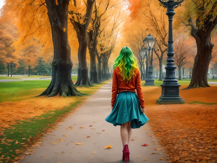 a model shot of woman walking in the park at autumn, a young woman, wearing a (blue skirt: 1.1), (green hair: 1.1), long hair, wavy hair, high heels, strolling in the park at autumn, a shot from the rear, she is leaving, no looking back, there are leaves o...