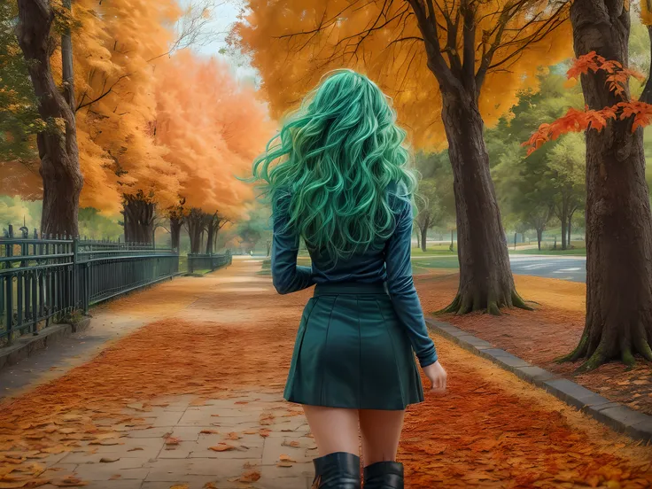 a model shot of woman walking in the park at autumn, a young woman, wearing a (blue skirt: 1.1), (green hair: 1.1), long hair, wavy hair, high heels, strolling in the park at autumn, a shot from the rear, she is leaving, no looking back, there are leaves o...