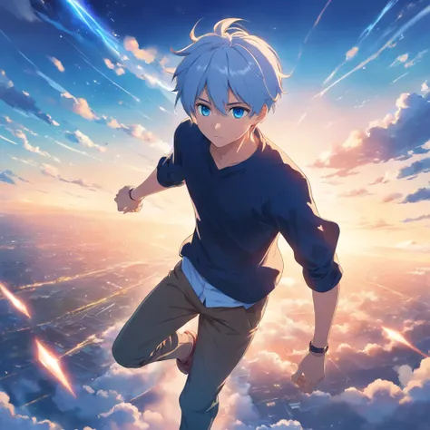 Anime, ultra hd, super high resolution, 1 young man, blue skies, float, from above, amazing, focused, blue light, blue eyes, white hair, black shirt, in the battlefield, powerfull magic aura, depth of field.