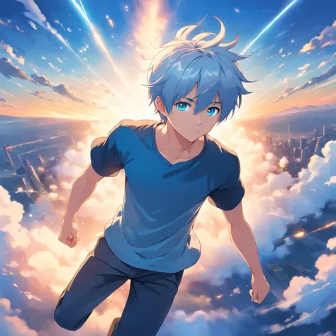 Anime, ultra hd, super high resolution, 1 young man, blue skies, float, from above, amazing, focused, blue light, blue eyes, white hair, black shirt, in the battlefield, powerfull magic aura, depth of field.