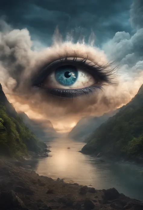 Eyes in volcanic smoke, a volcano erupts，The eyes are on it, Shades of blue, digital art inspired by Cyril Rolando, ultra-realistic realism, Portrait of a giant eye in volcanic smoke, mystic eye, There was a cloud of smoke in one eye, ultra-realistic reali...