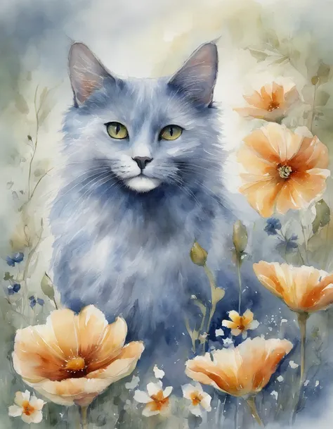 「It is a design with the theme of Russian blue cat and blue flowers。The characteristic blue fur of the Russian Blue cat is depicted in detail、Blue flowers spread elegantly around。Pale background and delicate light and dark、Bringing tranquility and beauty t...