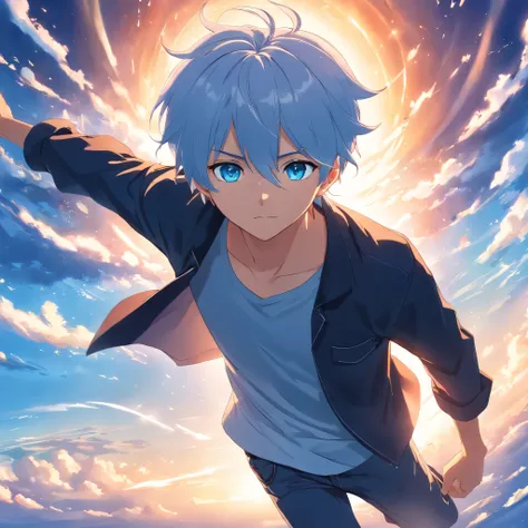 Anime, ultra hd, super high resolution, 1 young man, blue skies, float, from above, amazing, focused, blue light, blue eyes, white hair, black shirt, in the battlefield, powerfull magic aura, depth of field.