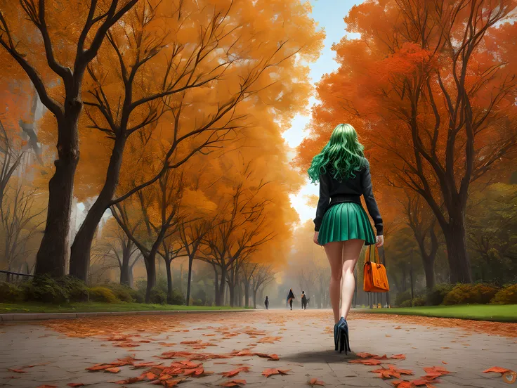 a model shot of woman walking in the park at autumn, a young woman, wearing a (short blue skirt: 1.1), (green hair: 1.1), long hair, wavy hair, high heels, strolling in the park at autumn, a shot from the rear, she is leaving, no looking back, there are le...