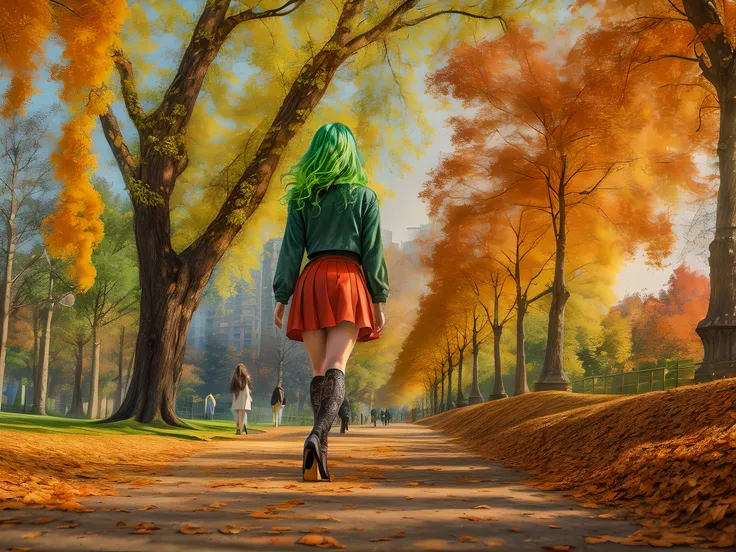 a model shot of woman walking in the park at autumn, a young woman, wearing a (short blue skirt: 1.1), (green hair: 1.1), long hair, wavy hair, high heels, strolling in the park at autumn, a shot from the rear, she is leaving, no looking back, there are le...