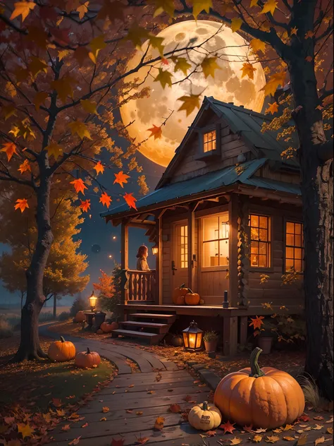 Autumn Scenery, pumpkins night view, full moon, small cabin, falling leaves, Autumn weather, Autumn, realistic, lantern, fireflames