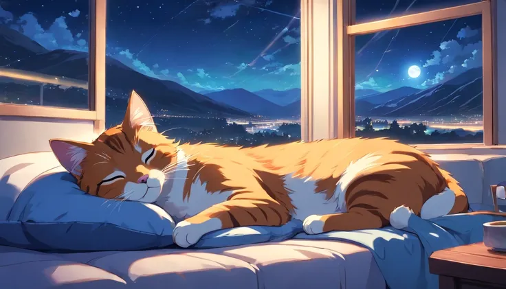 cat cute sleeping on a pillow ,window with beautiful landscape, night sky, star, moon.