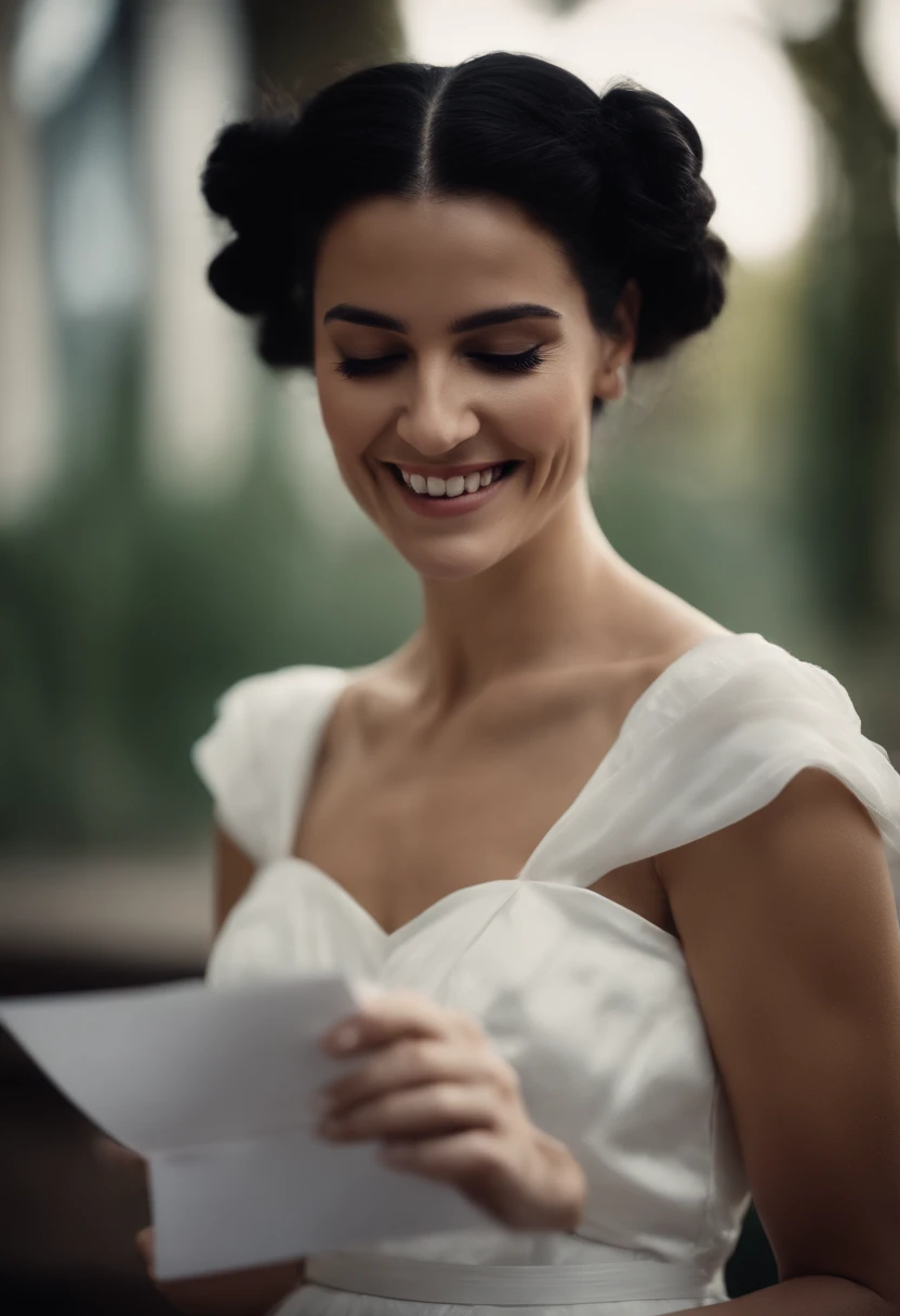 A women with black hair with haired tied up wearing white dress, cinematic, holding a letter in her and laughing