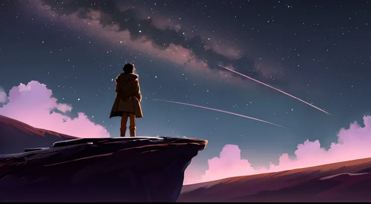 Anime scene with a man in a long brown coat, standing on a rock and looking at the night starry sky, wasteland, postapocalypse, 4k anime wallpaper, Infinite space in the background, 4 k manga wallpapers, a starry sky, Details, tmasterpiece