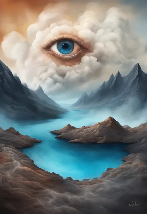 Eyes in volcanic smoke, a volcano erupts，The eyes are on it, Shades of blue, digital art inspired by Cyril Rolando, ultra-realistic realism, Portrait of a giant eye in volcanic smoke, mystic eye, There was a cloud of smoke in one eye, ultra-realistic reali...