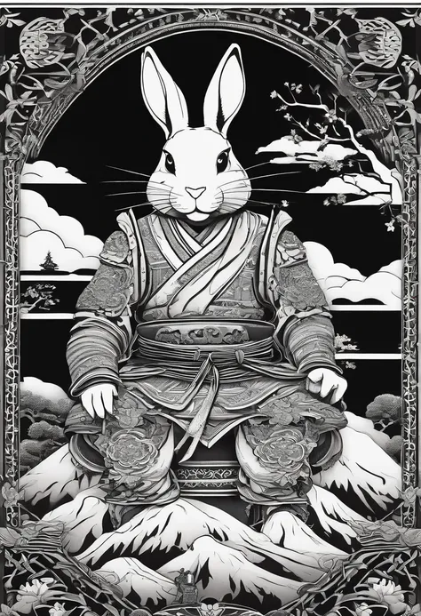 "(Black Samurai Rabbit+rot+blanche), incredible details, fierce pose, Traditional background of Japan, Magnificent illustrations, Perfect picture quality"