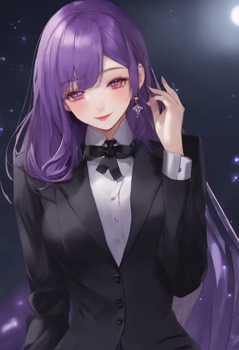 ((​masterpiece、top-quality))、(soio)、(female focus)、(Ahoge、Purple hair、Long)、girl with、ENTJ、a smile、high-pressure、Confident home、(Purple Suit)、is standing、Purple and black background、dynamic ungle